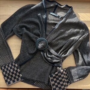 ZoZo Brown Black Checkerboard Knit Wrap Cardigan Ring Buckle Sweater Womens M